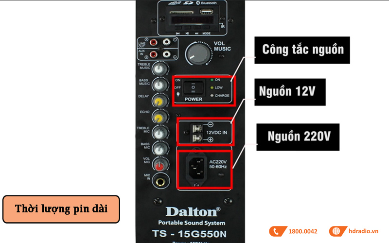 Loa Dalton TS 15G550N, Công suất 550W, Bass 30cm, Pin 3 - 5h, Kèm 2 Tay Mic-5