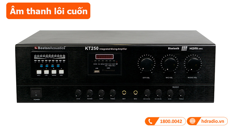 Amply Boston KT250, 2 kênh, 250W/CH, Bluetooth, HDMI, OPTICAL, USB-3