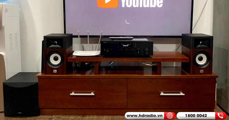 Lắp dàn nghe nhạc mini giá rẻ cực hay cho anh Đức ở Ba Đình, Hà Nội(Loa JBL Stage A130, Amply Yamaha R N303, SUB Yamaha NS SW050)