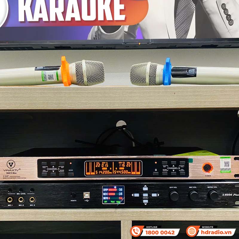 Micro không dây VinaKTV S600X Max, Cảm biến tự ngắt, Chống hú, Echo-24
