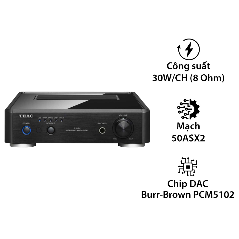 Amply TEAC A-H01E, 2 Kênh, Công Suất Cực Đại 30W/CH (8 Ohm)