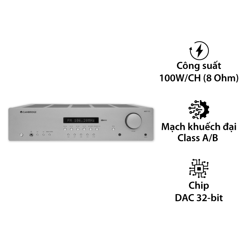 Amply Cambridge Audio AXR100, 2 Kênh, 100W/CH (8 Ohm), Bluetooth