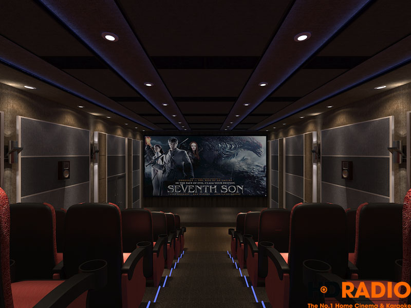 Hình ảnh thiết kế rạp chiếu phim nhìn từ phía sau lên màn hình, trong điều kiện bật đèn chiếu.