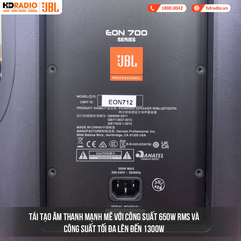 Loa JBL Eon 712, Bass 30 cm, Công suất (1300W Peak, 650W RMS), Mixer 3 kênh, Mixer 3 kênh, LCD, Bluetooth, XLR-19