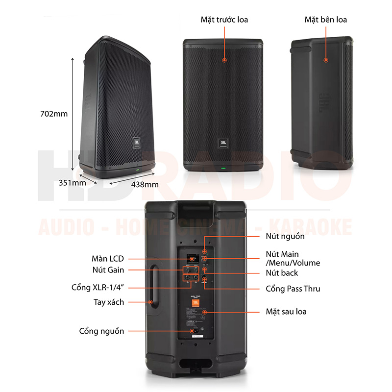 Loa JBL Eon 715, Bass 40cm, Công suất (1300W Peak, 650W RMS) Mixer 3 kênh, LCD, Bluetooth, XLR-4