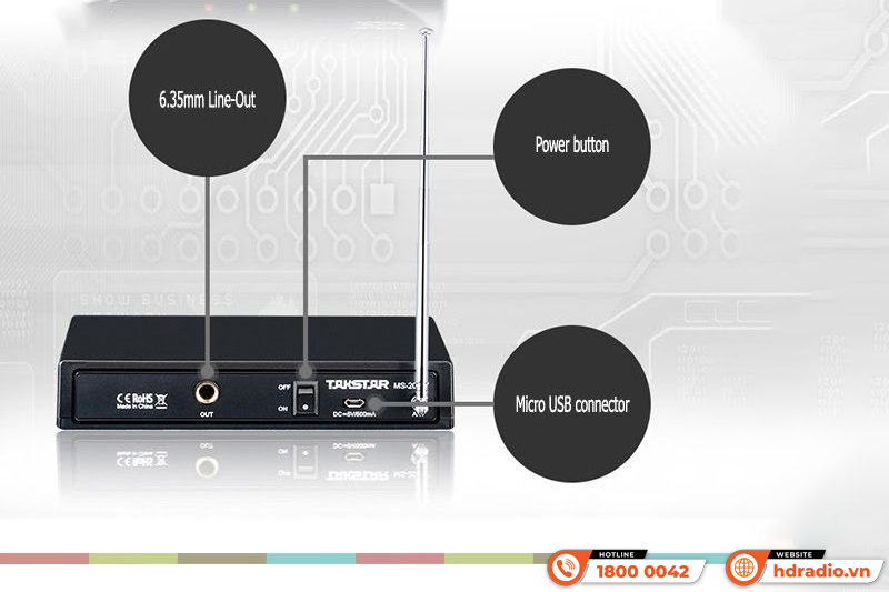 Mặt sau đầu thu Micro cổ ngỗng Takstar MS-208W với các cổng kết nối Micro cổ ngỗng Takstar MS-208W