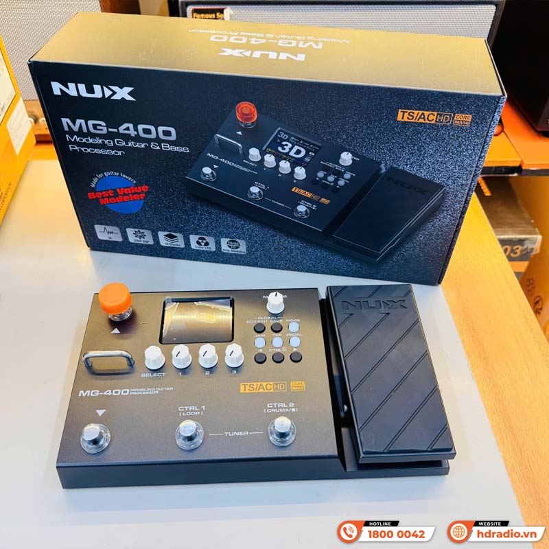 Phơ Guitar Nux MG-400, 10 khối tín hiệu độc lập, độ phân giải IR 512 mẫu, AUX IN, USB-3