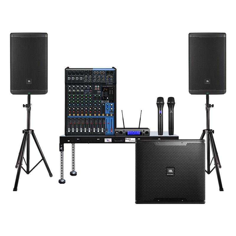 Dàn âm thanh sân khấu biểu diễn SK29 (Loa JBL Eon 715, SUB JBL KP6018SG2, Mixer Yamaha MG12XU, Mic JBL VM300, Chân loa sân khấu)