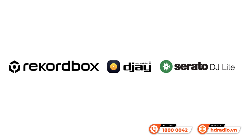 Ba logo phần mềm DJ: rekordbox, djay của Algoriddim và Serato DJ Lite.