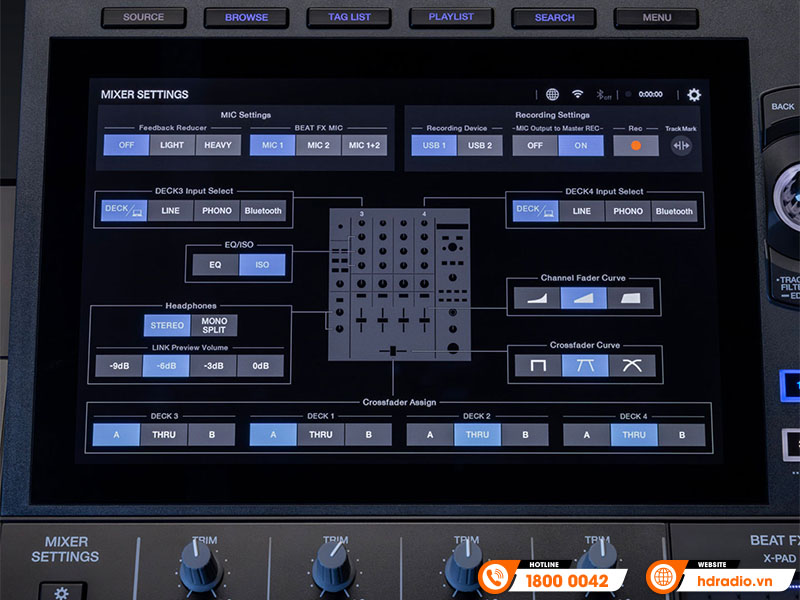 Giao diện cài đặt mixer DJ hiển thị tuỳ chọn micro, EQ, fader, crossfader và đầu vào deck kỹ thuật số.