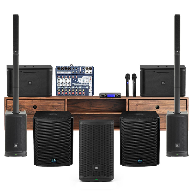 Dàn âm thanh quán Cafe đa năng biểu diễn, karaoke, nhạc sống CF15 (JBL Eon One MK2, RM210, JBL Eon 710, sub Wharfedale AX15B, Soundcraft Notepad 12FX, JBL VM300)