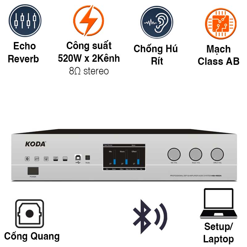 Amply Liền Vang Koda KB450A, 2 kênh, Công suất 520W, Bluetooth5.0, Optical