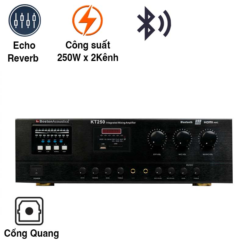 Amply Boston KT250, 2 kênh, 250W/CH, Bluetooth, HDMI, OPTICAL, USB