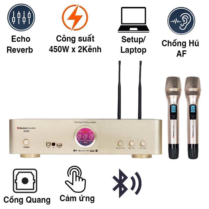 Amply Boston Acoustics S450, 450W/CH x 2 kênh, Bluetooth, DSP chống hú rít