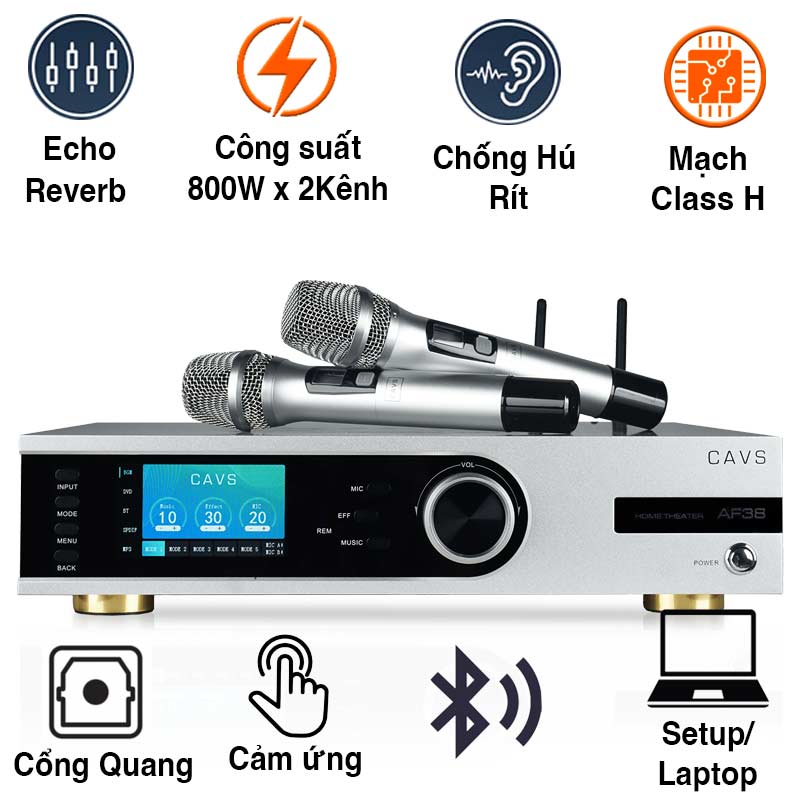 Amply CAVS AF38 kèm 2 micro không dây (2 kênh, 800W, Bluetooth)
