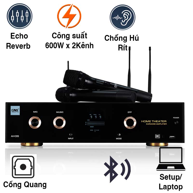 Amply CAVS AH36, 600W x 2 Kênh, Bluetooth, 2 Micro Không Dây