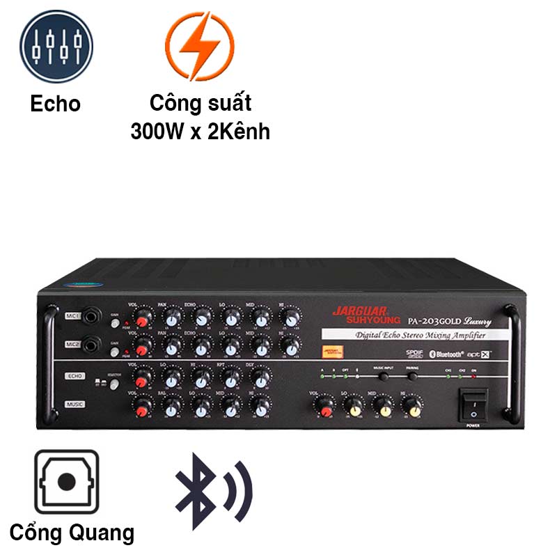 Amply Jarguar Suhyoung 203 Gold Luxury (600W/2 Kênh, Bluetooth, Optical, FBX, 12Kg)