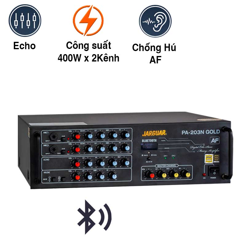 Amply Jarguar PA 203N Gold AF (800W/2 Kênh, Bluetooth, FBX, 16Kg)