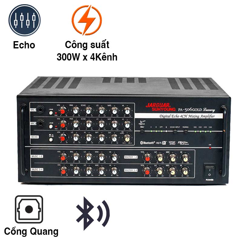 Amply Jarguar Suhyoung 506 Gold Luxury (1200W/4 Kênh, Bluetooth, Optical, FBX, 17Kg)