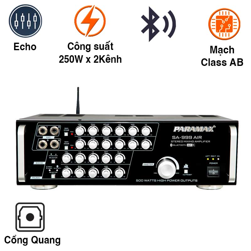 Amply Paramax SA 999 AIR MAX Limited (500W/2 Kênh, Bluetooth, Optical, 12Kg)