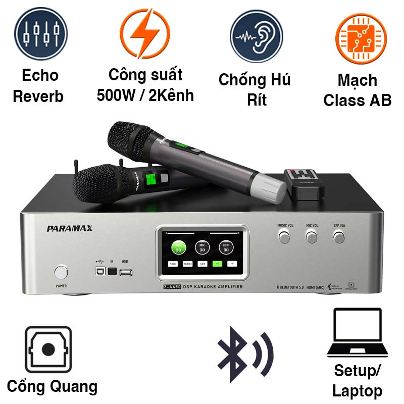 Amply Paramax Z-A450, 2 Kênh, 500W, 8Ohms, Bluetooth 5.0, HDMI, OPTICAL