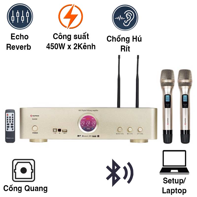 Amply Sumico SU450, 450W/CH, Bluetooth, HDMI, USB, Optical