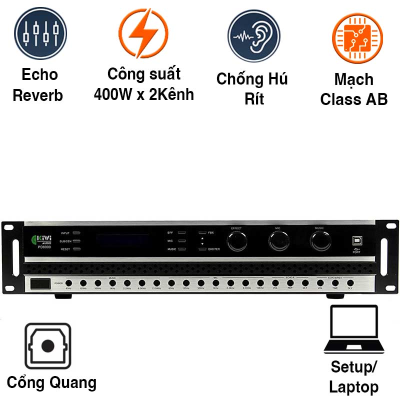 Cục Đẩy Liền Vang Kiwi PD8000, Công Suất 400W x 2 Kênh, Bluetooth, Optical