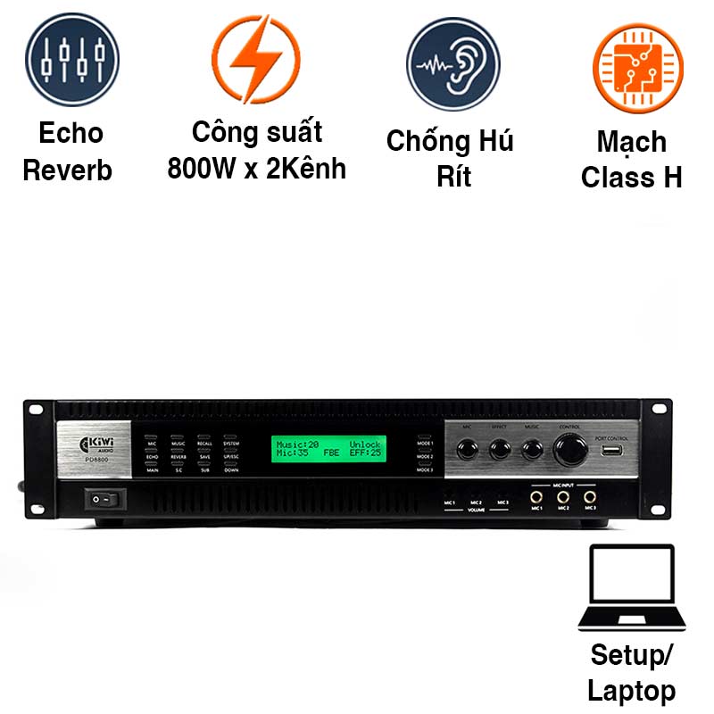 Cục Đẩy Liền Vang Kiwi PD8800, 800W x 2 Kênh