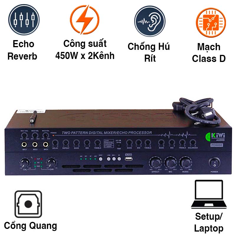 Cục Đẩy Liền Vang Cơ Kiwi PD6800, 450W x2 Kênh, Class D