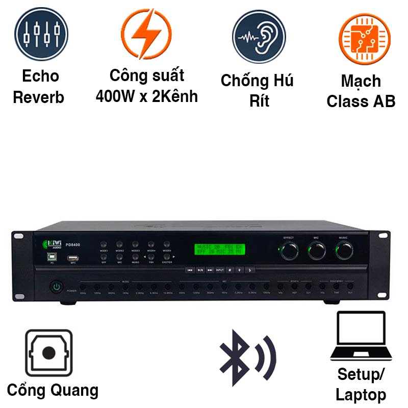 Cục Đẩy Liền Vang Kiwi PD8400, 400W x2 Kênh, Bluetooth, Optical