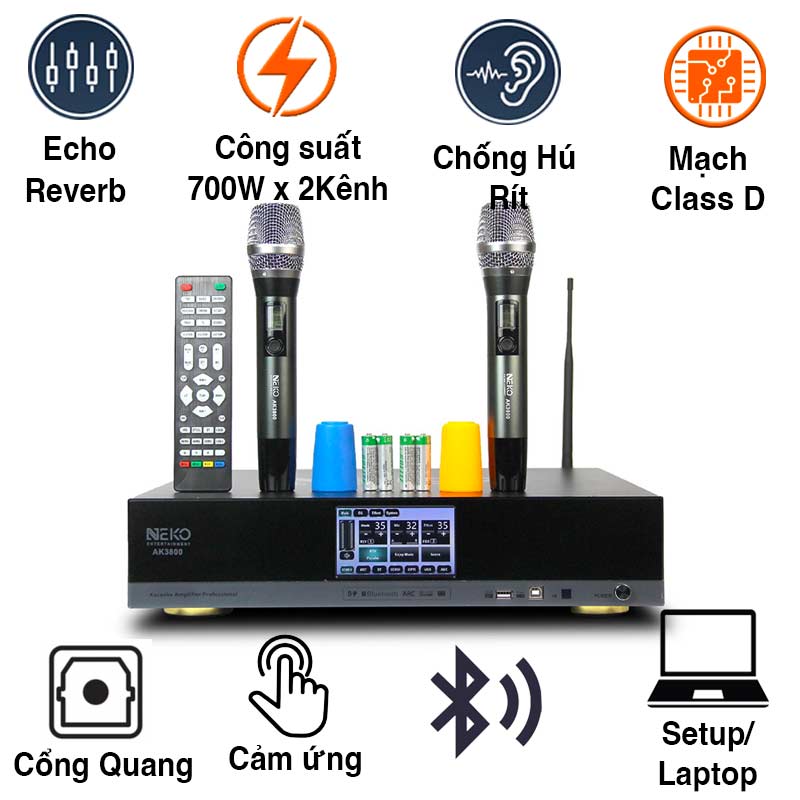 Cục Đẩy Liền Vang Micro Neko AK3800, 700W x2 kênh, Cảm ứng, Bluetooth, Quang