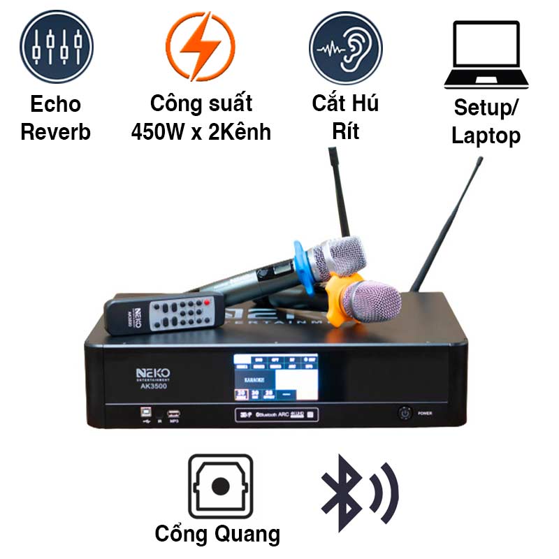 Đẩy liền vang Neko AK3500 (450Wx2 Kênh, Bluetooth, Optical, DSP Chống hú, 2 tay mic không dây)