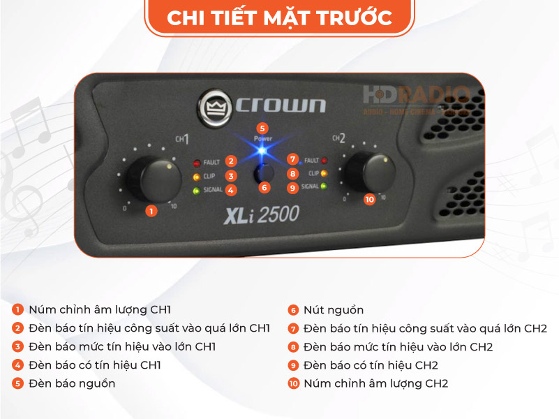 Cục Công Suất Crown XLi 2500 Cục Công Suất Crown XLi 2500 các núm chức năng