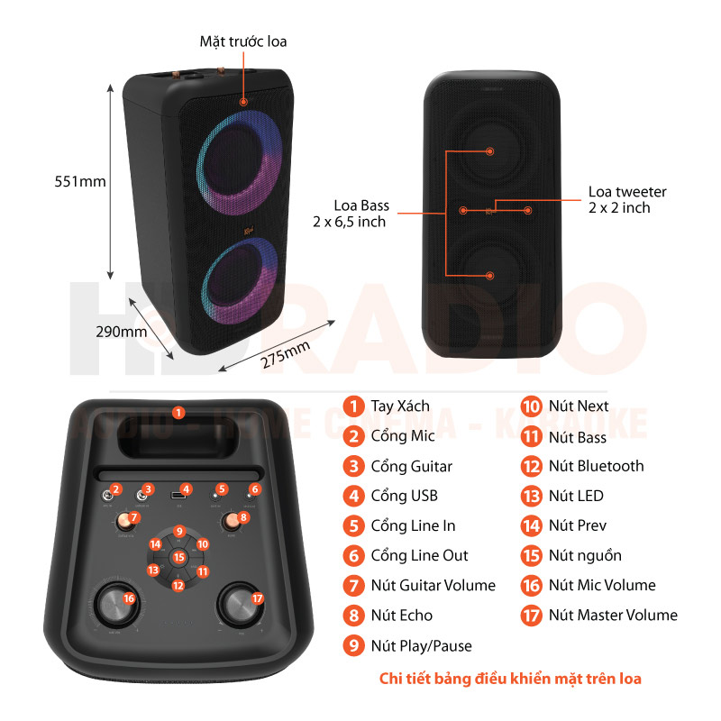 Loa Klipsch GIG XXL Chính Hãng,  LED RGB, Pin 8 Giờ, Bluetooth, Line In/Out, USB, Guitar in, Micro in, TWS, Đi kèm 1 Micro có dây-1
