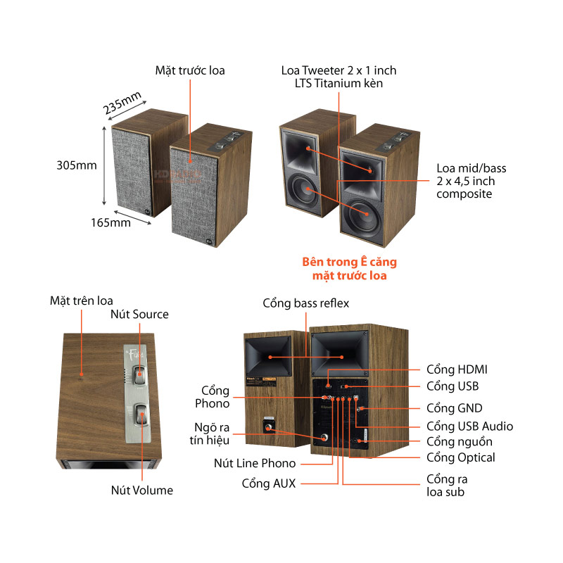 Loa Klipsch The Fives Chính Hãng, Công Suất 160W, Bluetooth, AUX, RCA, Optical, HDMI ARC, USB-12