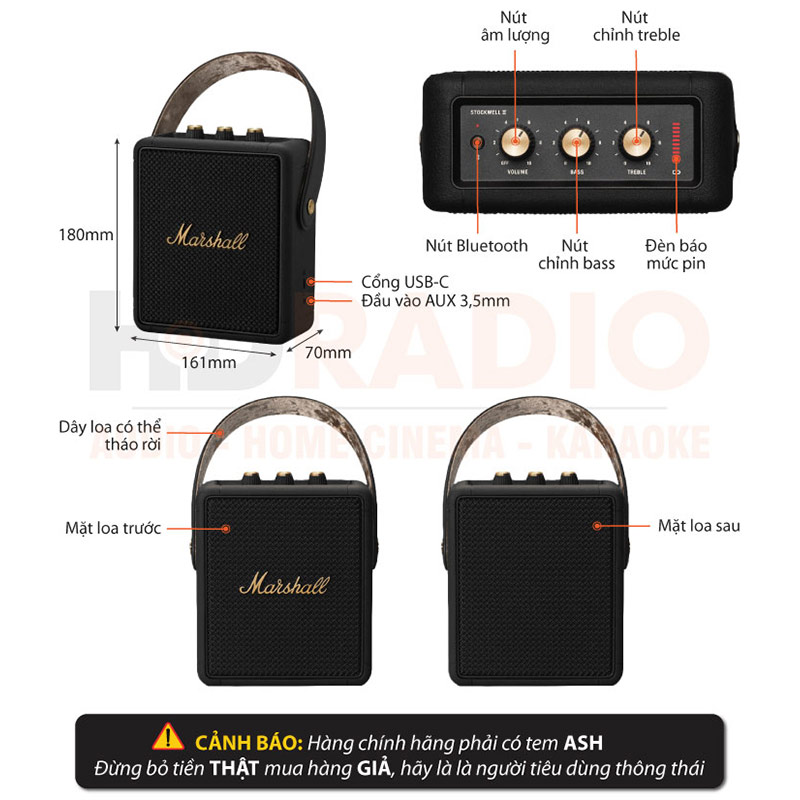 Loa Marshall Stockwell 2 (II) Pin 20h, Công suất 15W, IPX4, Bluetooth, AUX-2