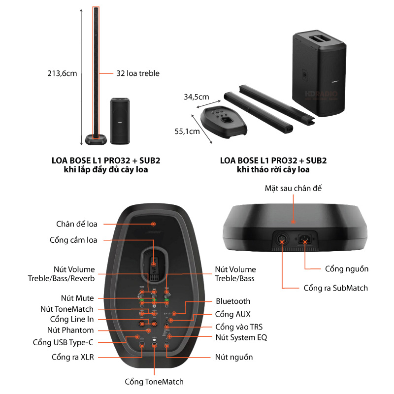 Bộ Loa Bose L1 PRO32 SUB2, Công Suất 1480W, Phủ âm 180 độ, Bluetooth, Mic, Guirtar-3