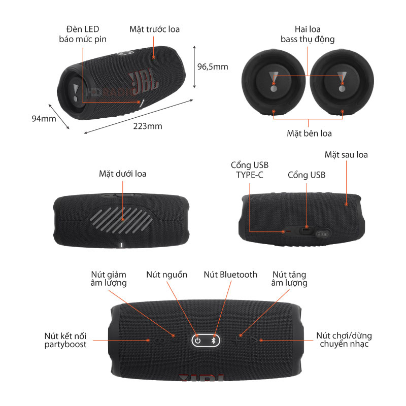 Loa JBL Charge 5, Pin 20h, Chống Nước IP67, Bluetooth 5.1, PartyBoost, USB A, Công suất 40W-2