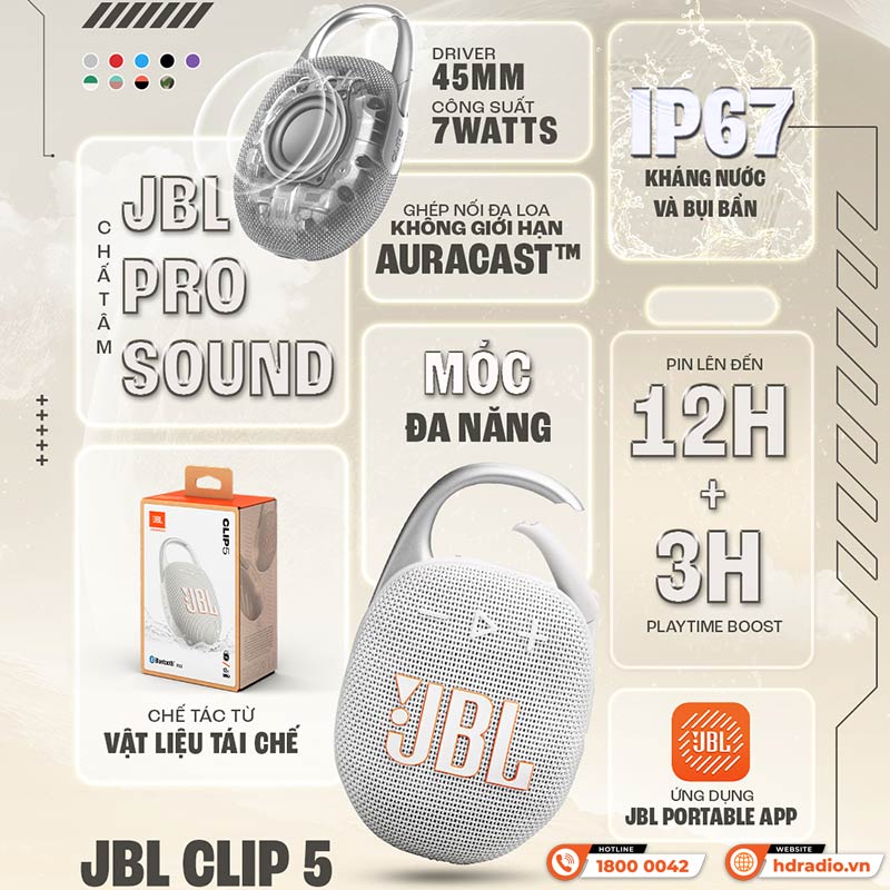 Loa JBL Clip 5, Bluetooth 5.3, Pin 12 Giờ, Chống Nước IP67, Auracast, App JBL Portable, Nhiều Màu Sắc-13