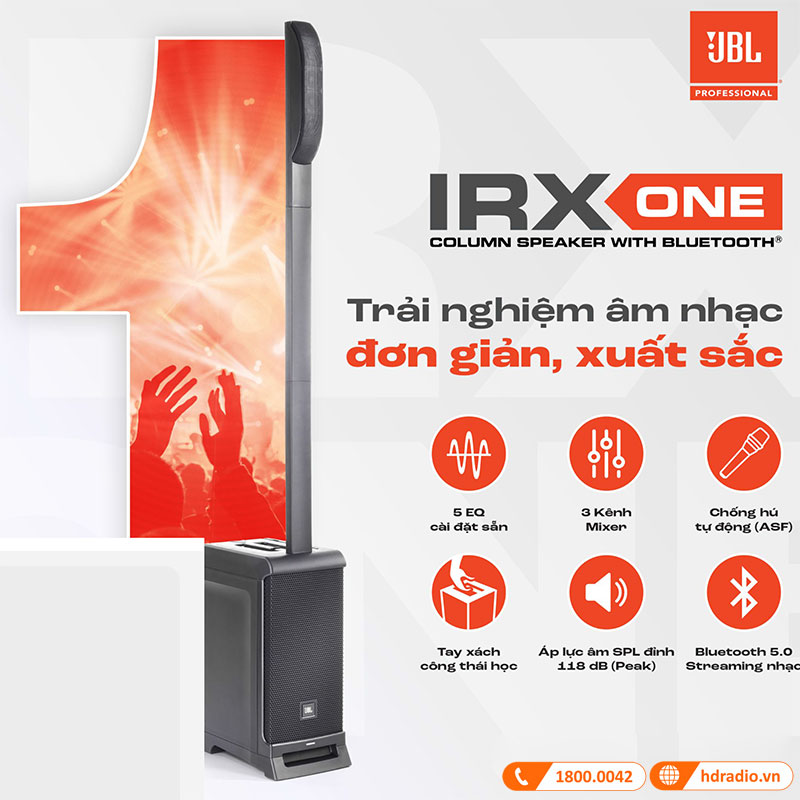 Loa JBL IRX ONE, Công Suất 1300W, Mixer 3 kênh, Bluetooth 5.0, Mic/line, XLR Combo, Có Chống Hú Tự Động-1