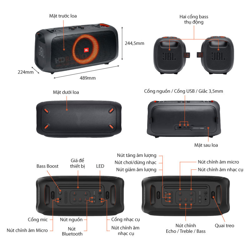 Loa JBL Partybox On The Go, Pin 6h, IPX4, Bluetooth, AUX, USB, Công Suất 100W-1