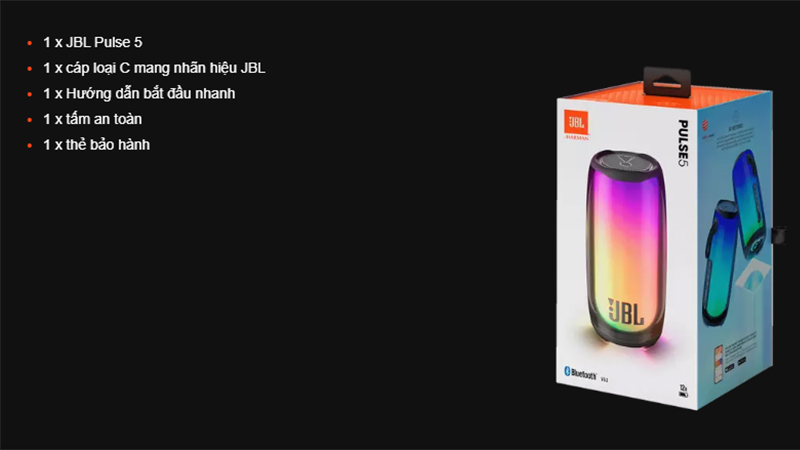Loa JBL PULSE 5 trong hộp bao gồm