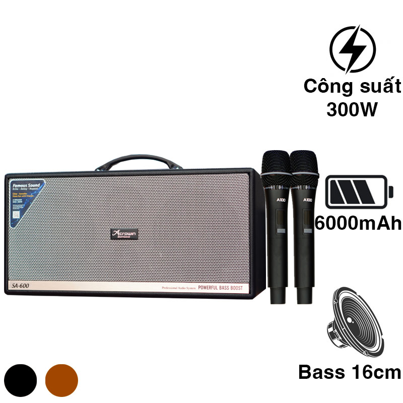 Loa Acrowin SA600, Công Suất 300W, Bluetooth, AUX, Optical, Pin 8 giờ, Guita, USB, Kèm 2 Micro Không Dây