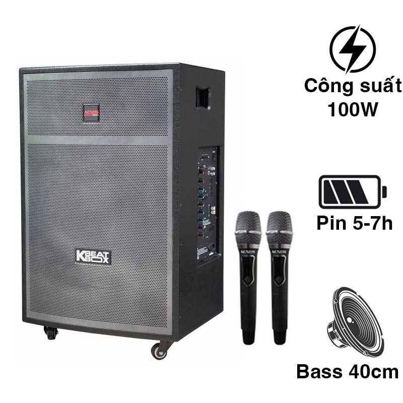 Loa Acnos CB404GD, bass 40cm, Công Suất 100W, Pin 5 - 7h, Kèm 2 Tay Mic