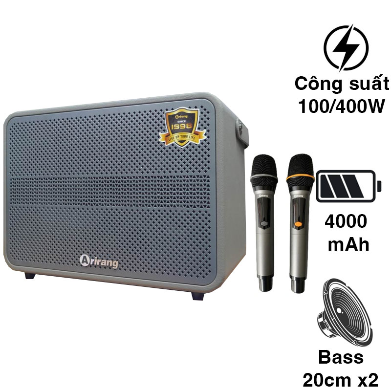 Loa Arirang AM3, Bass 20cm, Công suất 100W, Bluetooth 5.0, Kèm 2 Mic