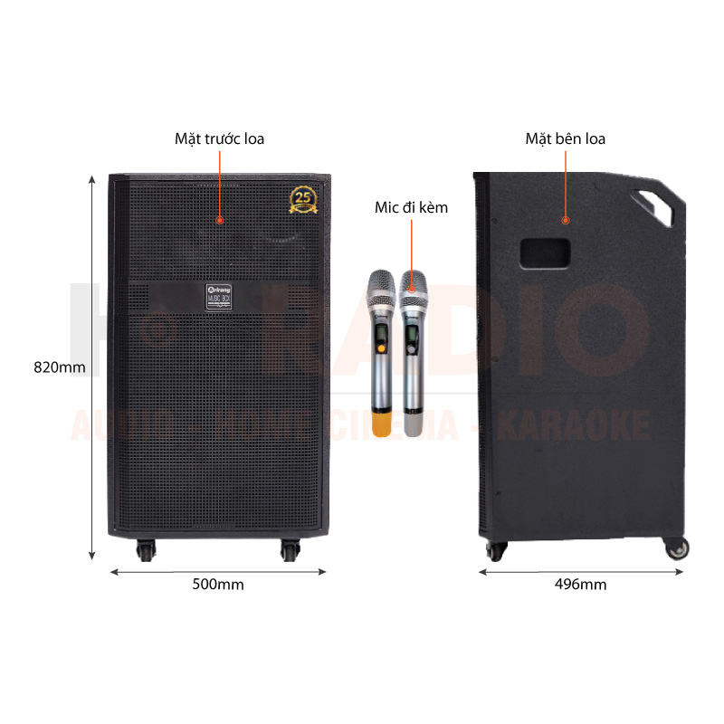 Loa Arirang MK1 New, Bass 40cm, Công suất RMS 250W, Kèm 2 micro UHF-5