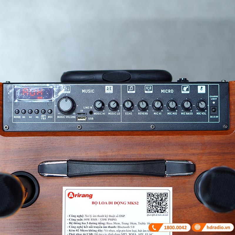 Loa Arirang MKS2, Bass 30cm, Công suất 80W, Bluetooth, AUX, USB, Thẻ Nhớ, Mic, Guitar, Kèm 2 micro-13