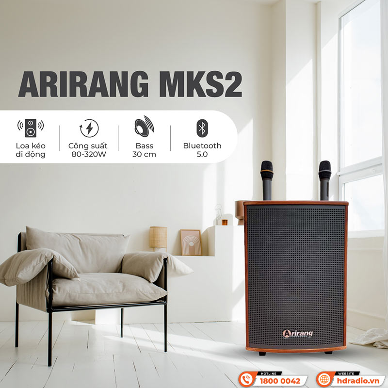Loa Arirang MKS2, Bass 30cm, Công suất 80W, Bluetooth, AUX, USB, Thẻ Nhớ, Mic, Guitar, Kèm 2 micro-1