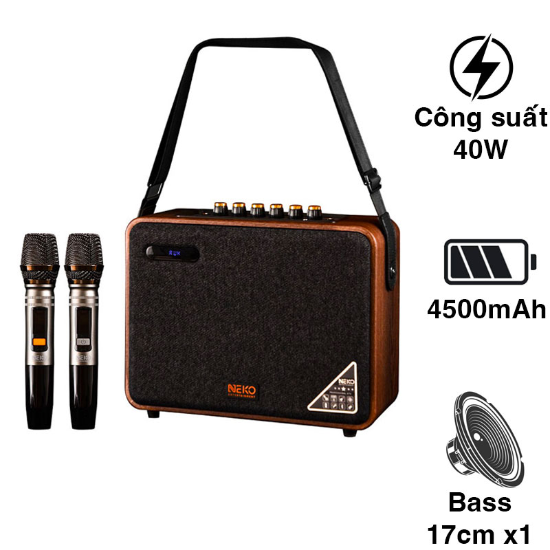 Loa Neko NK01 Pro, Bass 17cm, Công Suất 40W, Bluetooth, AUX, Kèm 2 Tay Mic
