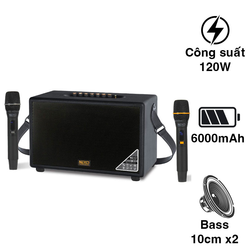 Loa Neko NK900, 120W, Bass 10cm, Bluetooth 5.0, Kèm 2 Micro (có sẵn pin cho mic và có thể sạc lại)